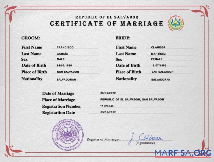 Printable El Salvador marriage certificate PSD template